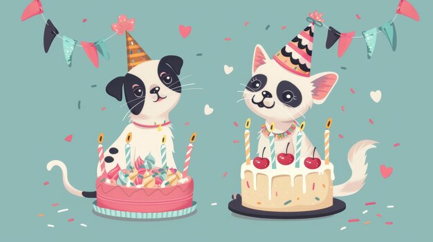 Animais com bolo de aniversário Animais de estimação de moda legal com sobremesa de feriado Gato e cão cômicos comemorativos Celebração de festa Cartão postal quadrado Ilustração moderna