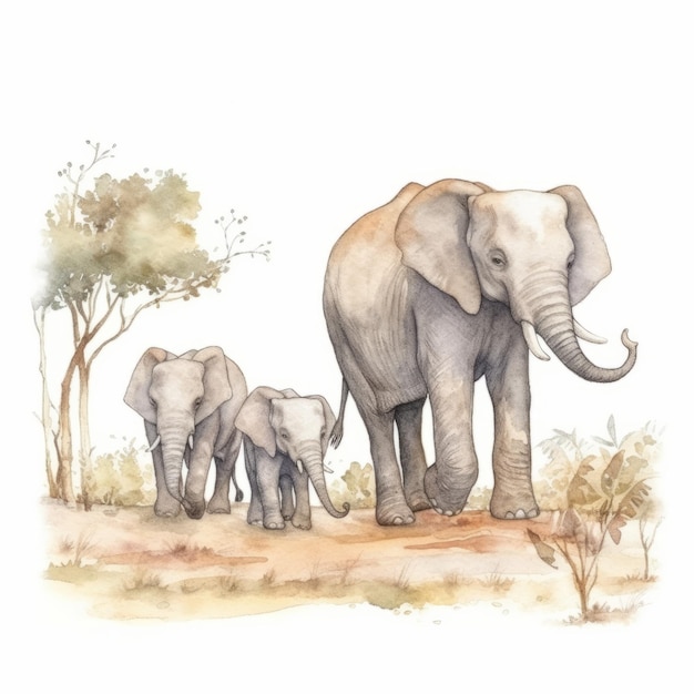 animais da família elefante aquarela