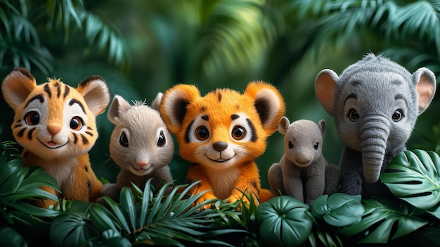 Foto animais de desenho animado bonitos na natureza amigos da selva