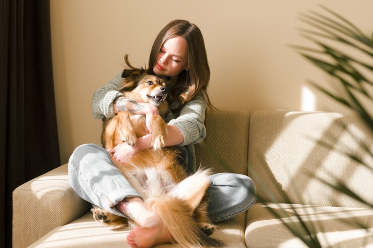 Animais de estimação adoram jovem mulher abraçando seu cachorro em casa