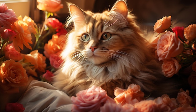 Animais de estimação fofos buquê de flores gato doméstico natureza beleza gerada por inteligência artificial