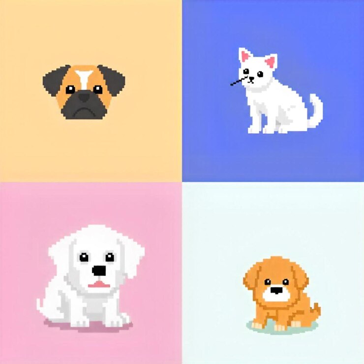 Foto animais de estimação ícones perfeitos de pixel