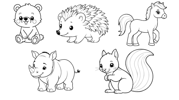 Animais de floresta bonitos desenhados com linhas simples para crianças páginas de livros de colorir