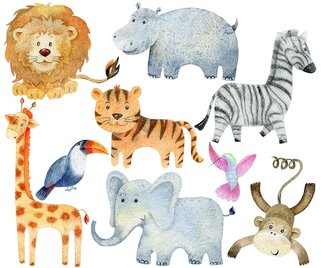 Animais de safari com ilustração em aquarela de personagens de desenhos animados fofos