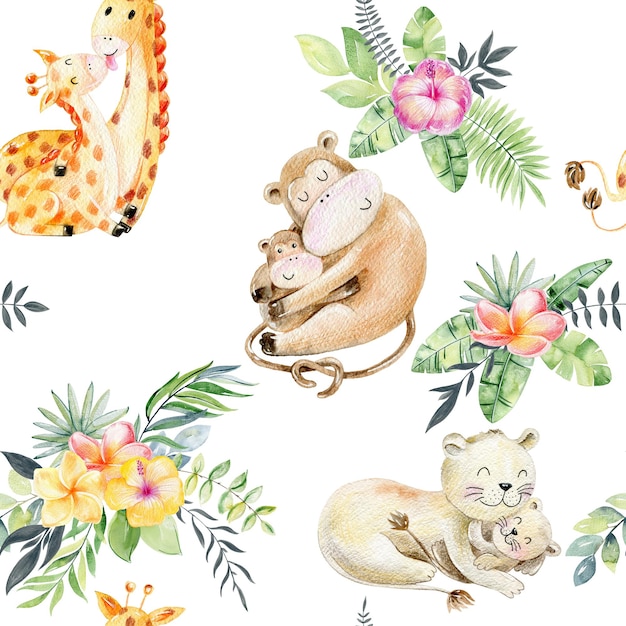 Animais em aquarela mãe e bebês