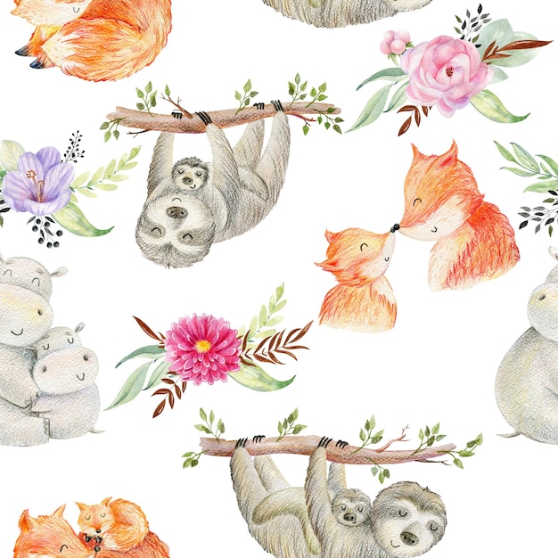 Animais em aquarela mãe e bebês