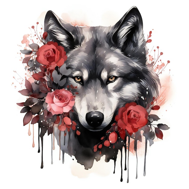 Animais góticos escuros lobos urso com rosas vermelhas clipart