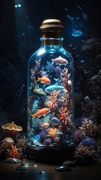 Animais marinhos numa garrafa