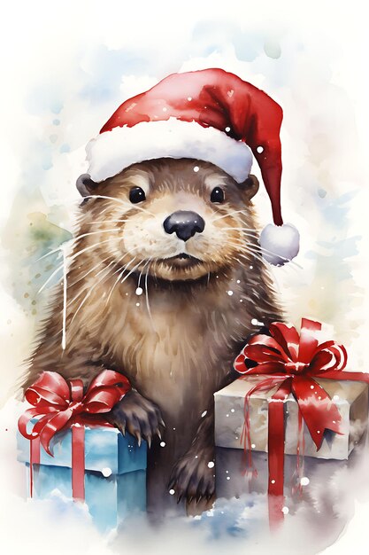 Animais natal em chapéus aquarela em meio a cenários de noel caprichoso lindo cenário de neve arte digital