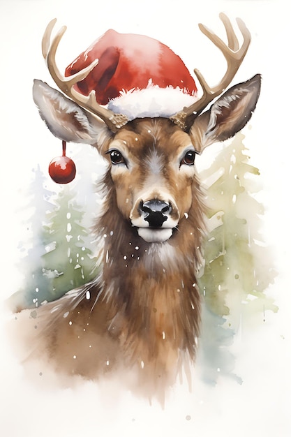 Animais natal em chapéus aquarela em meio a cenários de noel caprichoso lindo cenário de neve arte digital