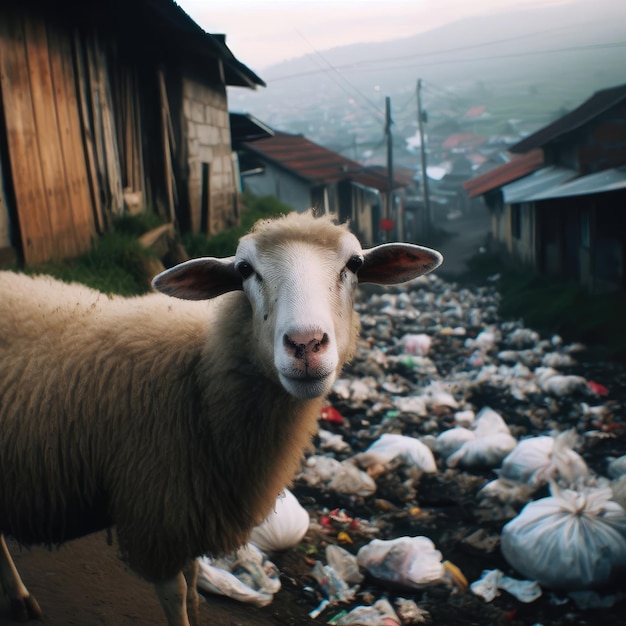 animais ovelhas entre o lixo Salve animais problemas ambientais imagem de fundo