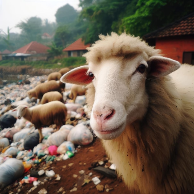 animais ovelhas entre o lixo Salve animais problemas ambientais imagem de fundo