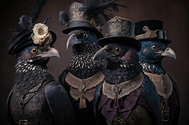 Animais Ravens vestidos com ilustração de roupas da era vitoriana generativa ai
