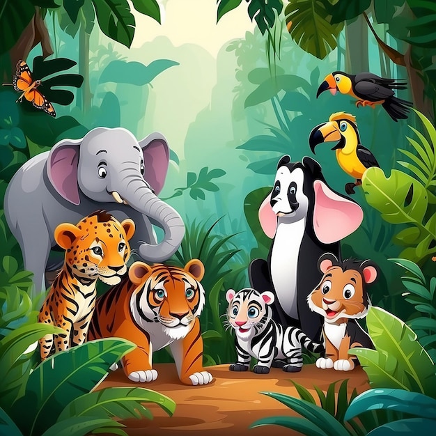 Animais selvagens bonitos em desenhos animados na selva