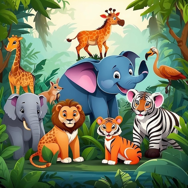 Animais selvagens bonitos em desenhos animados na selva