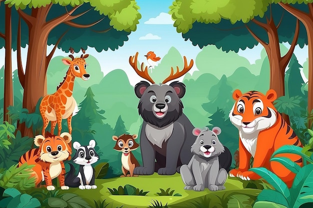 Animais selvagens com cena florestal Vector de estilo de desenho animado