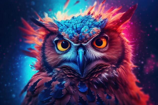Animal abstrato Retrato de coruja com dupla exposição colorida criado com IA generativa