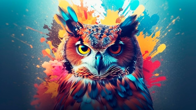 Animal abstrato Retrato de coruja com pintura de dupla exposição colorida IA gerativa