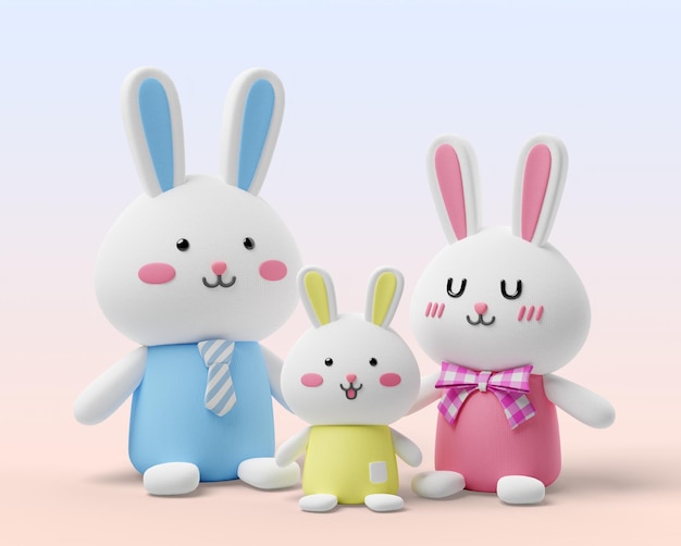 Animal bonito 3d render caracteres família de coelhos em pé em fundo de cor pastel gradiente