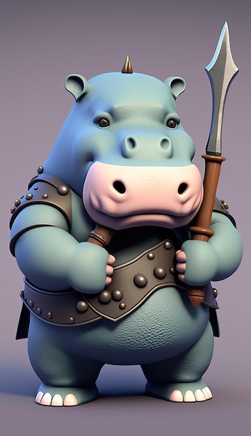 Animal bonito hipopótamo guerreiro 3D modelo de jogo generativo AI