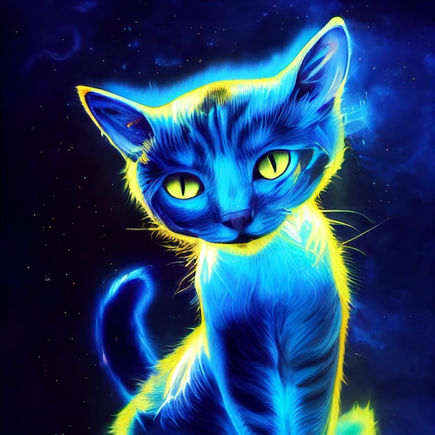 Animal bonito, pequeno retrato de gato azul de um toque de ilustração em aquarela