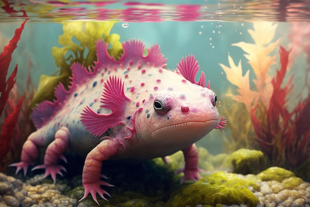 Un animal colorido con un cuerpo rosa y azul.