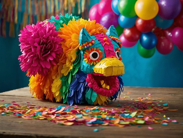 Foto un animal colorido hecho de globos y globos en una mesa