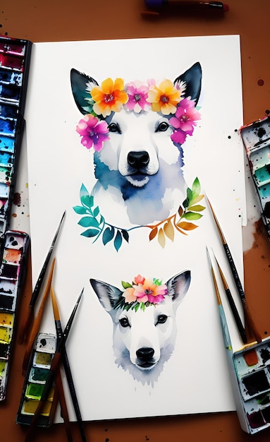 animal com flores e folhas ilustração em aquarela