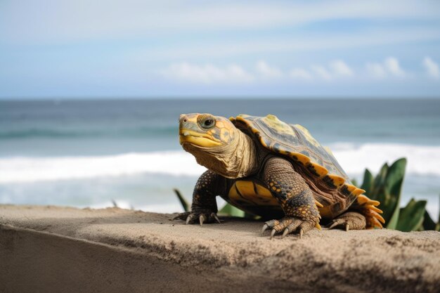 Animal de estimação exótico com vista para a praia e as ondas do mar criadas com IA generativa