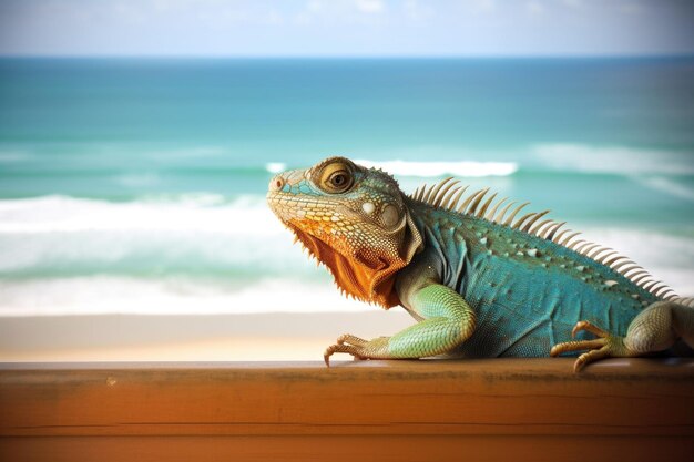 Animal de estimação exótico com vista para a praia e as ondas do mar criadas com IA generativa