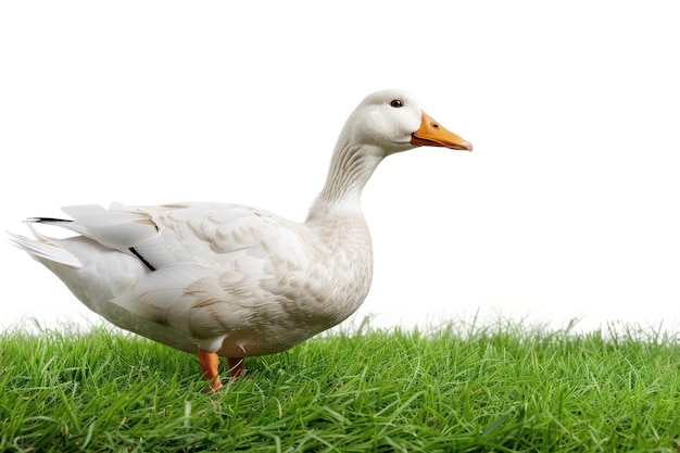 Animal de fazenda pato está em grama verde em um fundo branco