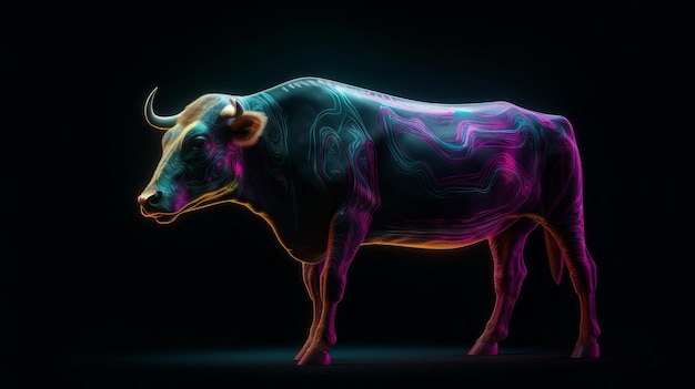 Animal de touro brilhante neon isolado em fundo escuro Generative ai