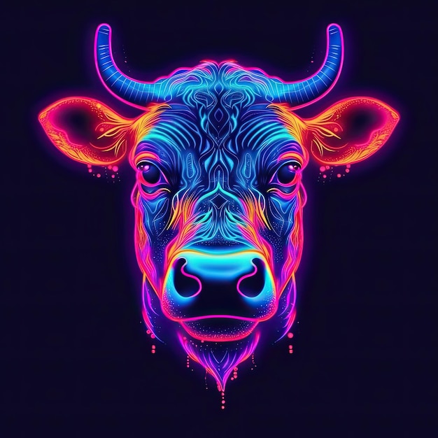 Animal de vaca bonito em estilo néon Retrato de animal de luz brilhante Arte de IA generativa