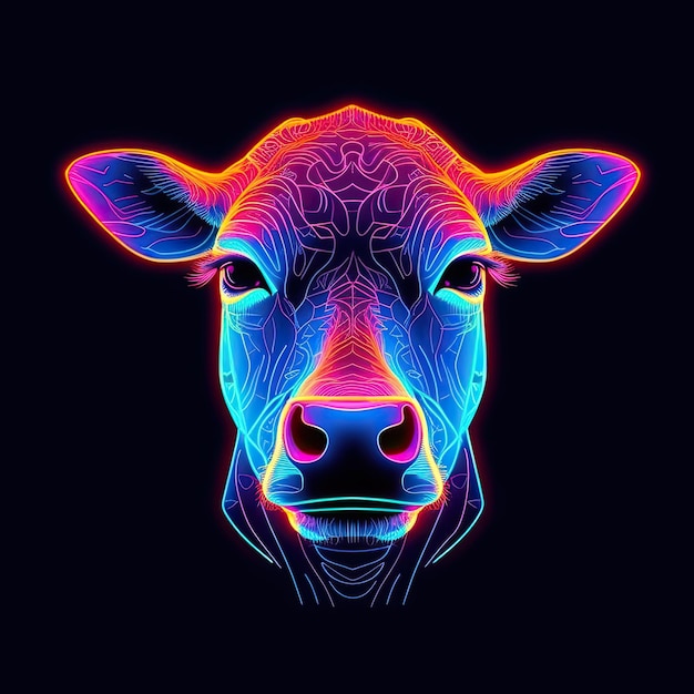 Animal de vaca bonito em estilo néon Retrato de animal de luz brilhante Arte de IA generativa