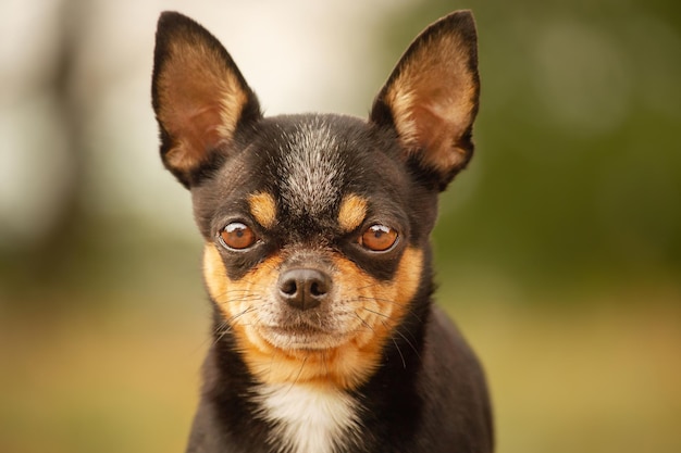 Animal doméstico, perro tricolor chihuahua tamaño mini. Perro en el contexto de un telón de fondo borroso.