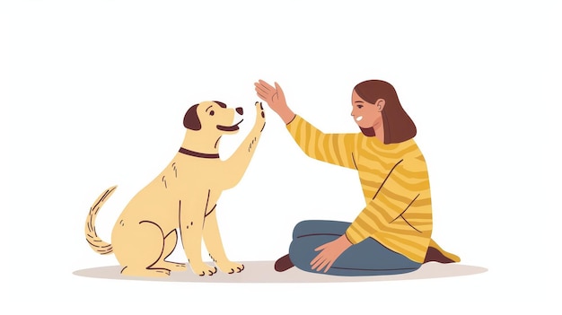 Foto animal e dono dando high five com patas e mãos cão cumprimentando o dono com o gesto hi amizade e comunicação humana e animal ilustração gráfica plana moderna isolada em branco