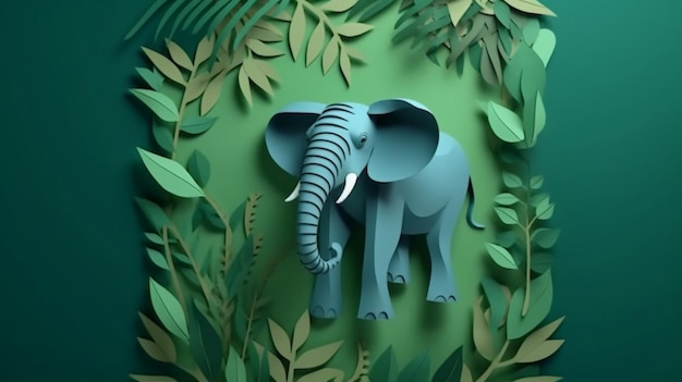 Animal elefante lindo de papel verde con hoja de la naturaleza 8k UH Generative Ai