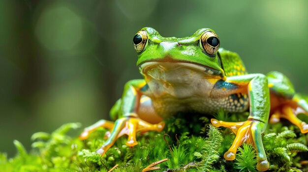 Foto animal em close-up sapo deslizante rhacophorus reinwardtii sentado em musgo ai generative