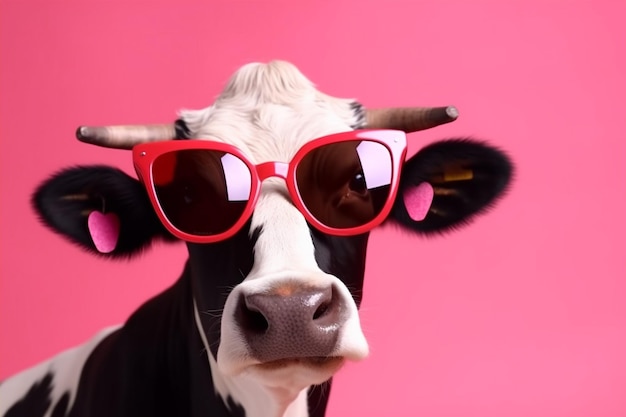 Foto animal engraçado cara de vaca personagem colorido retrato óculos de sol cabeça fofa generative ai