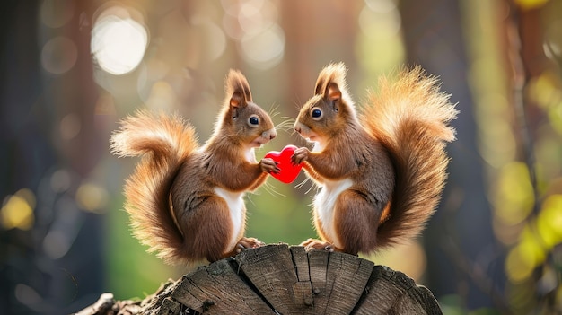 Animal engraçado Dia dos Namorados amor casamento celebração conceito cartão de saudação Cute esquilos casal segurando um coração vermelho fundo vermelho