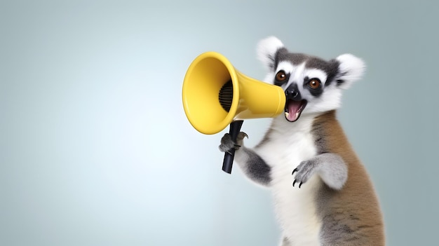 Foto animal lémur anunciando usando un altavoz de mano notificando anuncio de advertencia