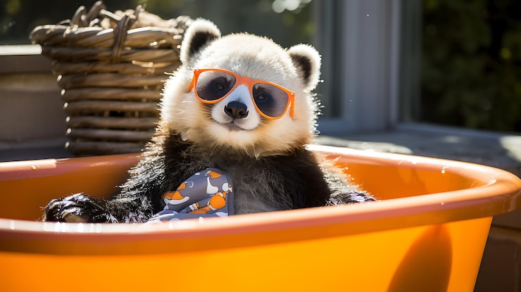 Foto un animal lindo con gafas de sol y sentado en una bañera de agua caliente con burbujas