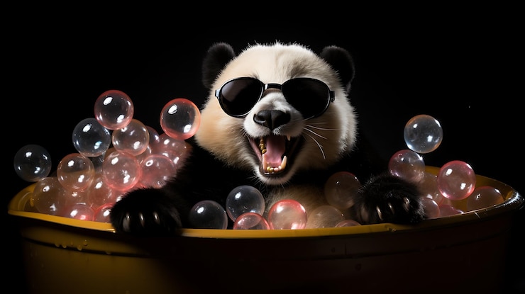 Foto un animal lindo con gafas de sol y sentado en una bañera de agua caliente con burbujas