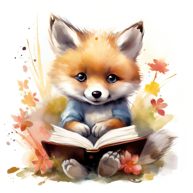 Un animal lindo lee un libro en una representación de imágenes prediseñadas en acuarela