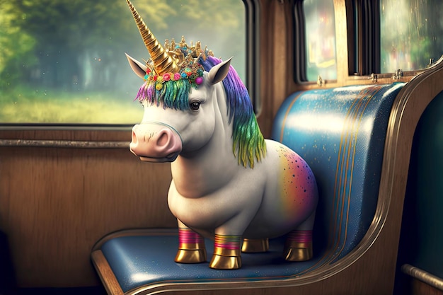 Foto animal mágico con cuernos de arco iris en el asiento de personaje de unicornio gordo del bosque en tren