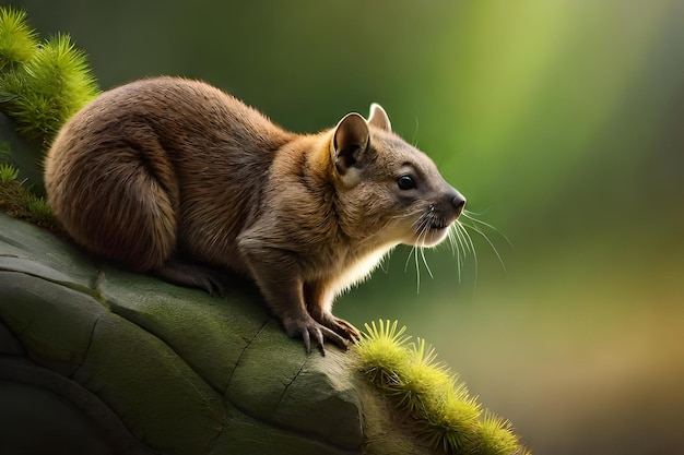Un animal marrón con orejas largas se sienta sobre una roca verde.