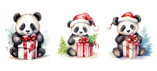 Animal panda fofo com aquarela de presente de natal ai desenho de personagem de desenho fundo divertido para crianças animal panda fofo com ilustração em aquarela de presente de natal