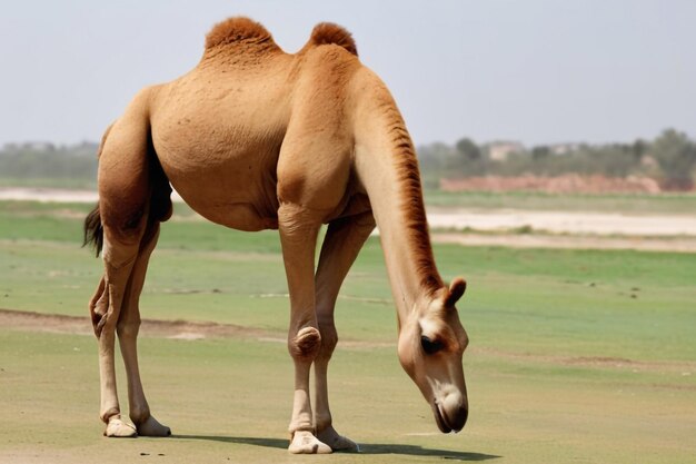 Foto un animal está pastando en el campo un camello