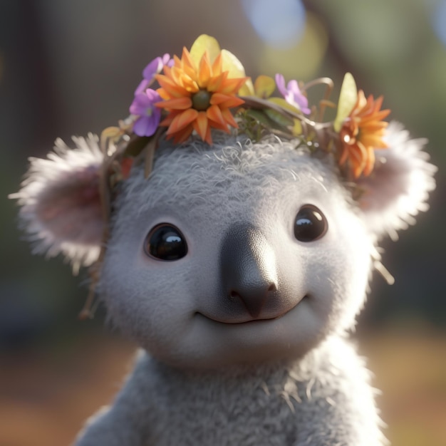 Un animal de peluche con una corona de flores en la cabeza.