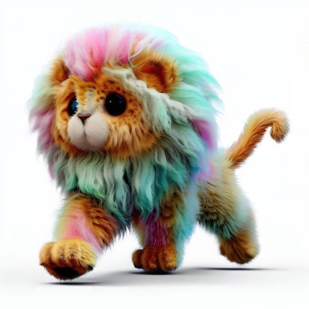 Un animal de peluche con una melena colorida y cabello azul, rosa y verde.